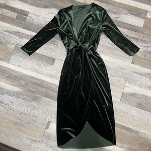 beautiful green satin dress with slit in the front.